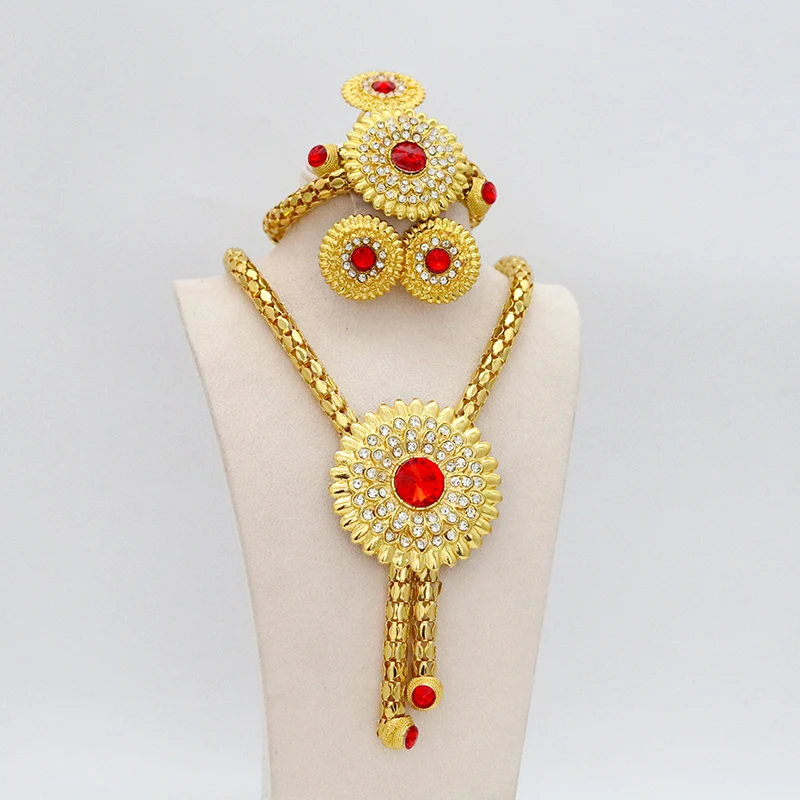 

Ethiopian Jewelry Set White Diamond Red Diamond Necklace Earrings Ring Bracelet Women Gold Eritrea African Bridal Gifts