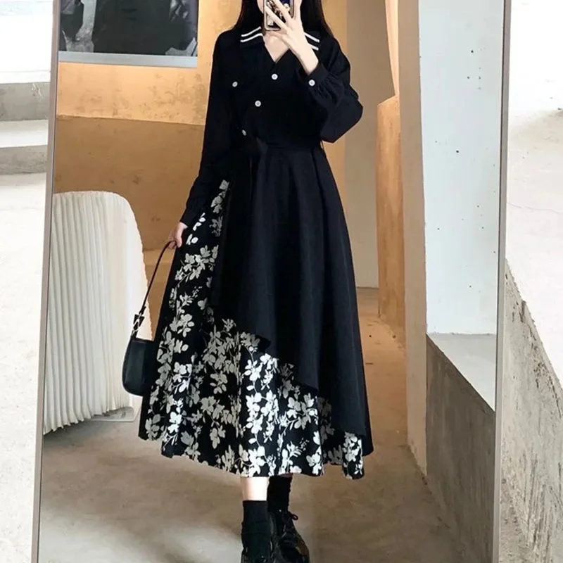 2023 Donne A-Word Dress Primavera Autunno Nuovo Design Francese Coreano Sense Flower Long Dress Hepburn Style Femminile Slim Tea Break Dress