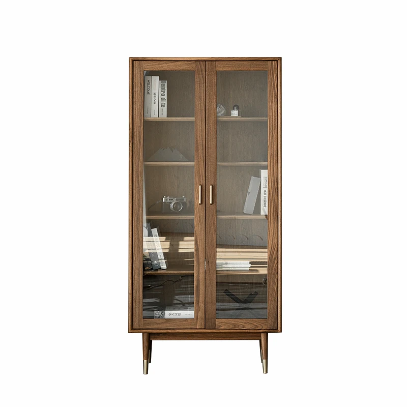 

Nordic Solid Wood Bookcase Glass Display Combination Study Living Room Modern Minimalist Black Walnut