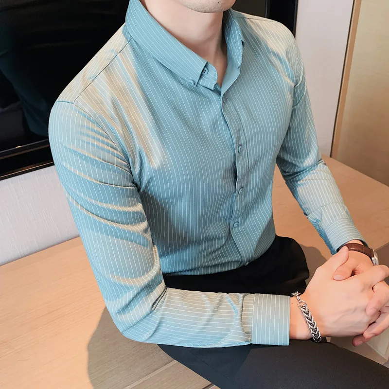 

Men's vertical striped business casual shirt Autumn winter new high-grade fabric texture slim formal social long-sleeved shirts