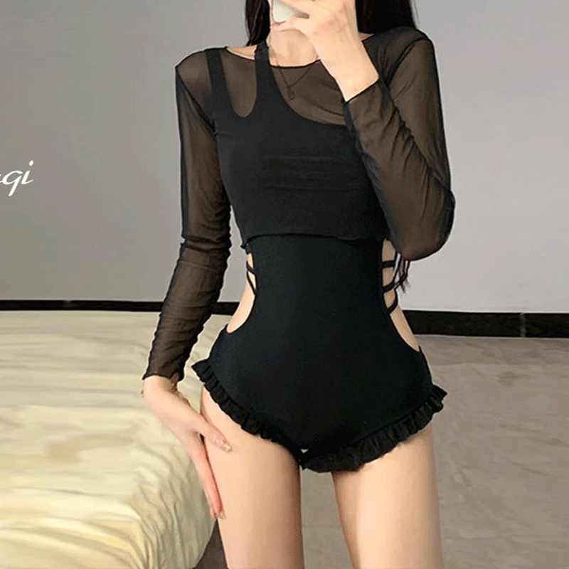New Conjoined Body Sexy Women's Clothing Small Bra Shirt with Sun Protection and Long Sleeves Two Pieces Hot Spring Swimwear