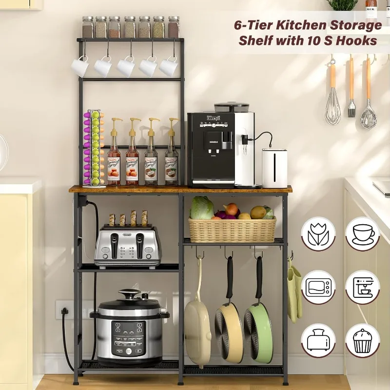 Bakers Rack with Power Outlet, Kitchen Microwave Stand with 10 S-Shaped Hooks, 6-Tier Coffee Bar Station 4