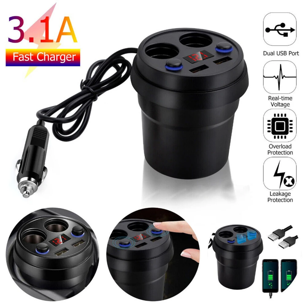 

Разветвитель Прикуривателя, 3,1 А, адаптер для автомобильного зарядного устройства 2 в 1, гнездо сигареты с независимыми переключателями, устройства с цифровым дисплеем