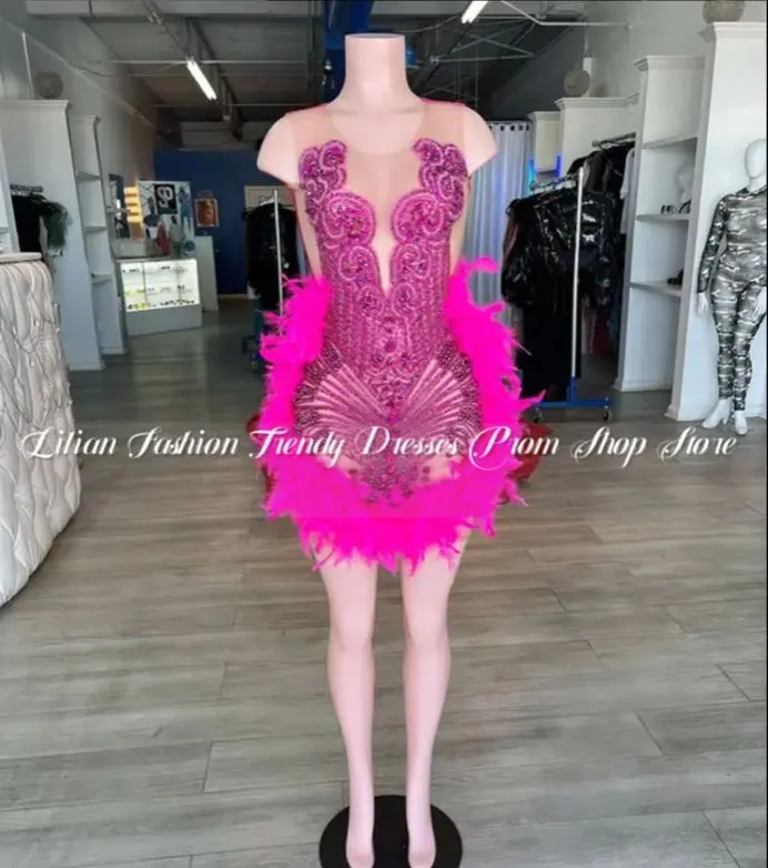 Rose Pink Short Cocktail Dress Sexy Diamante Feather Applique Birthday Party Celebrity Gowns Customised فساتين سهرة