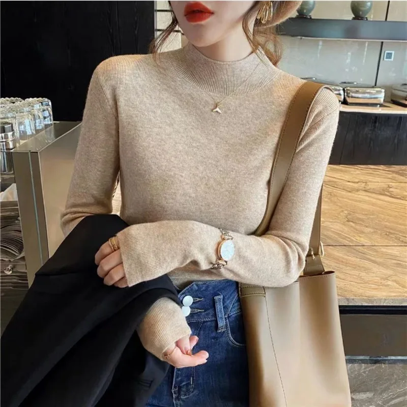 

2023 New Autumn Winter Half High Neck Knit Sweater Women Long Sleeve Versatile Foreign Style Slim Fit Show Thin Underlay Top