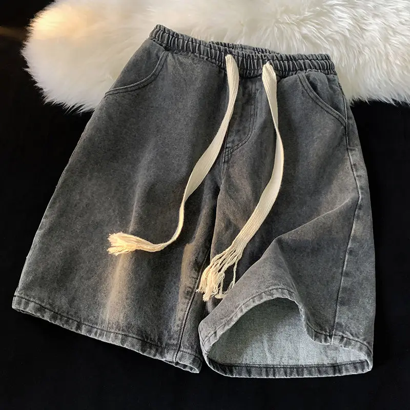 

2023 Braided Drawstring Denim Shorts Men's Summer Thin Fashion Brand Casual Medium Pants American Retro Loose Quarter Pants