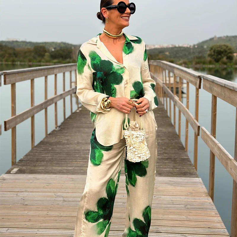 Women 2 Piece Pants Set Loose Lapel Single Breasted Shirts High Waist Wide Leg Trousers 2024 Pants Sets Casual Women Pants Suits