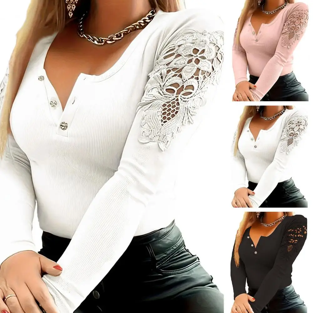 

Women Slim Fit Top Elegant Lace Patchwork Women's Pullover Slim Fit Round Neck Top with Button Closure Stretchy Long Sleeve Soft