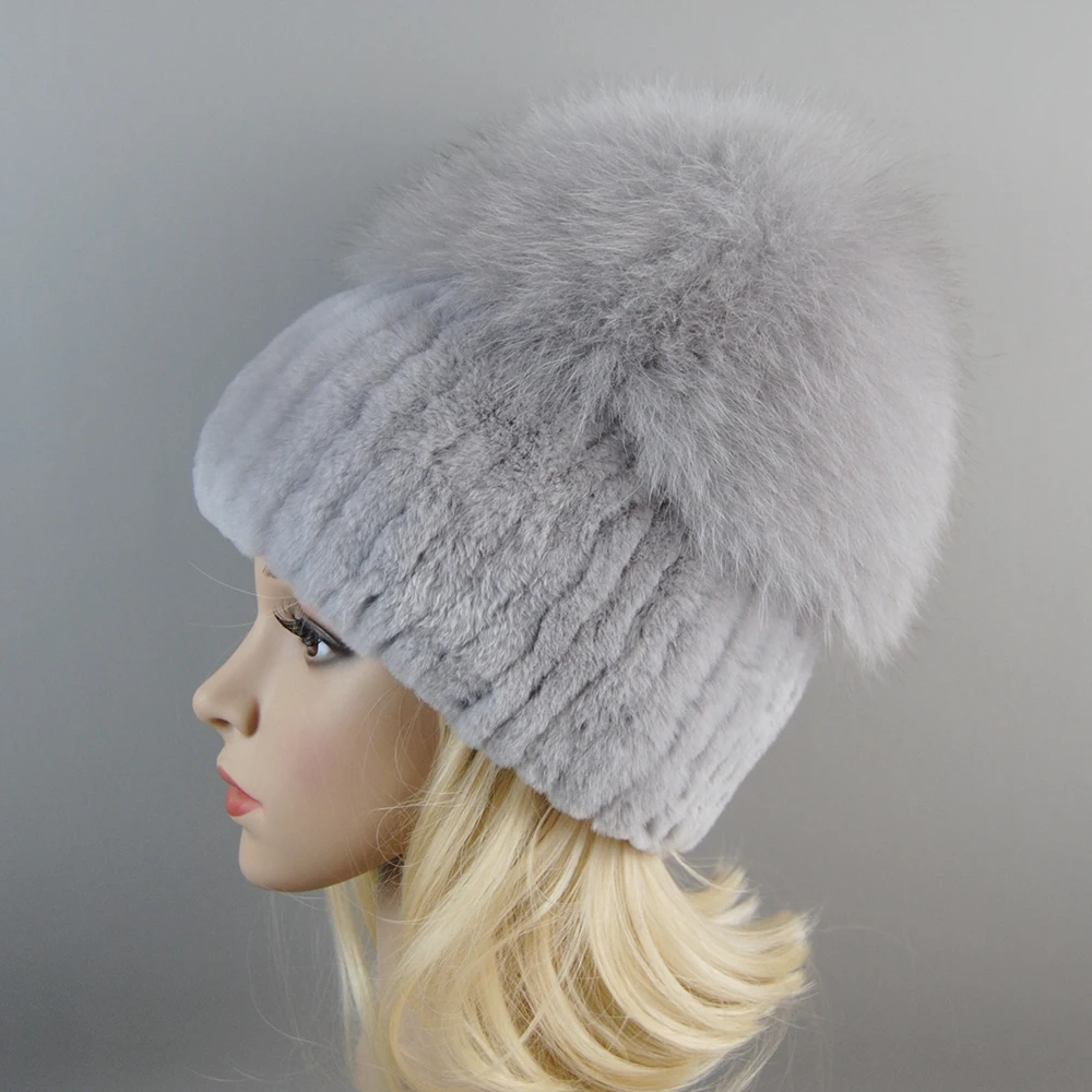 Russia Lady Winter Real Fur Hat Women Warm Knitted Genuine Rex Rabbit Fur Hat Top Natural Fox Bomber Caps Rex Rabbit Cap knitted hat