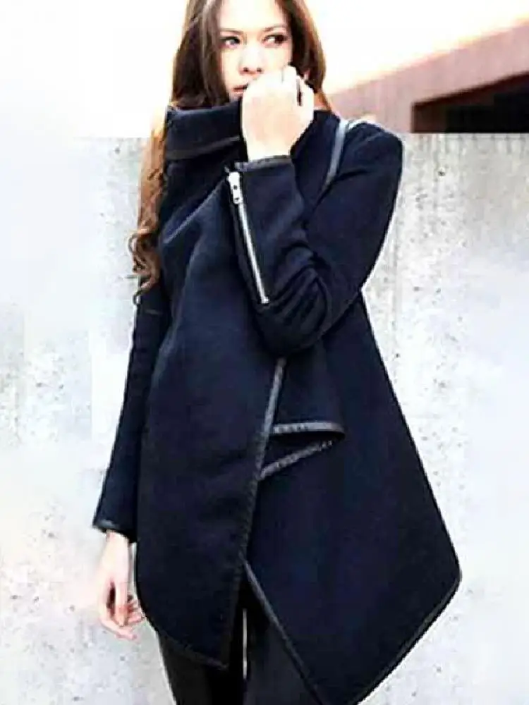 Onecozyday Female Black Asymmetric Jackets Split-Joint High-Neck Long Sleeves Coats For Women Spring and Autumn Outerwears