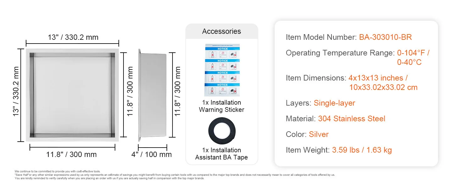Installation components for recessed stainless steel shower niche