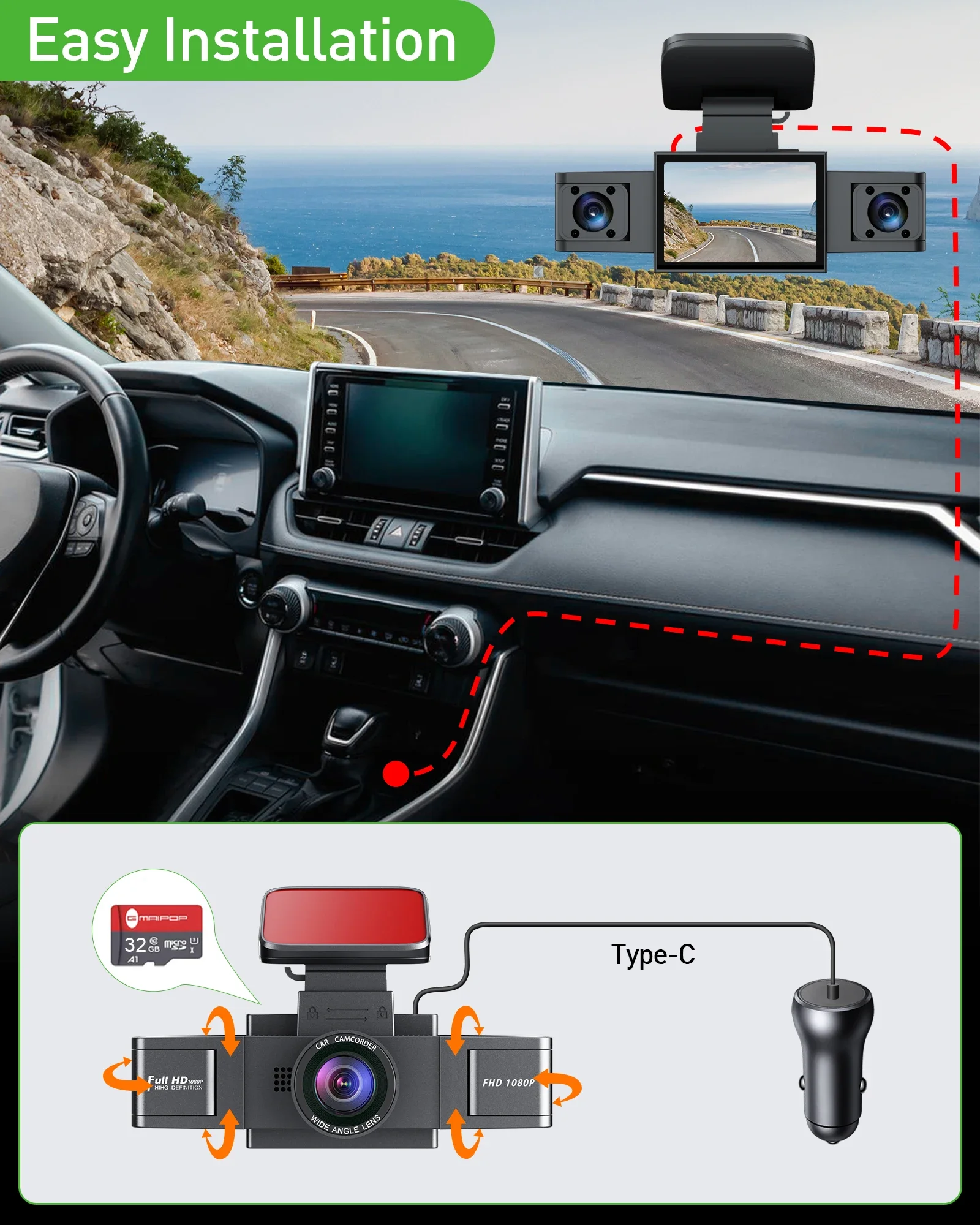 Three Lens Car Camera Dash Cam with Rear View DVR