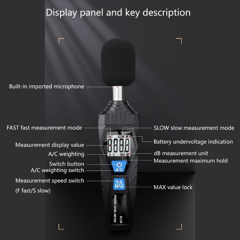co530 LCD 백라이트/최대 홀드/감도 조정 기능이 있는 디지털 사운드 레벨 미터
