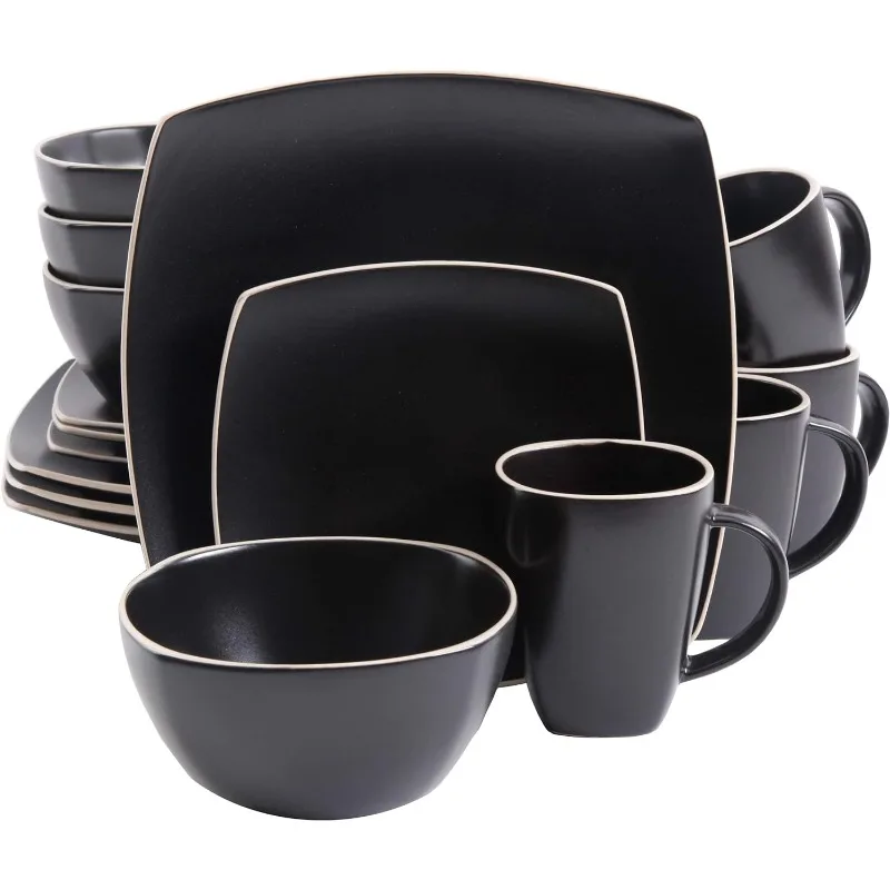 Square Reactive Glaze Stoneware Dinnerware Set, Service for 4 (16pc), Dishwasher and Microwave Safe, Red/White 5