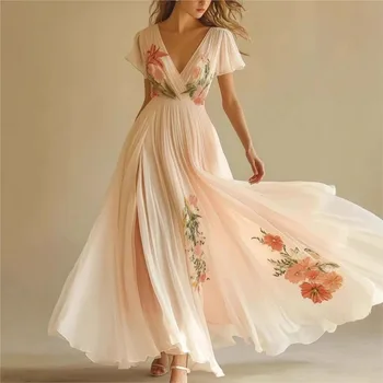 Women's Clothing Trend 2025 Summer Short Sleeve High Waist Dresses Sexy V Neck Floral Printed Boho Holiday Dress Vestidos 1