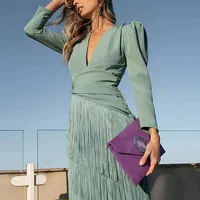 French Elegant Deep V Neck Slim Prom Dresses 2025 Spring Solid Spliced Tassel Long Dress Woman Long Sleeve New Autumn Maxi Dress - Image 4