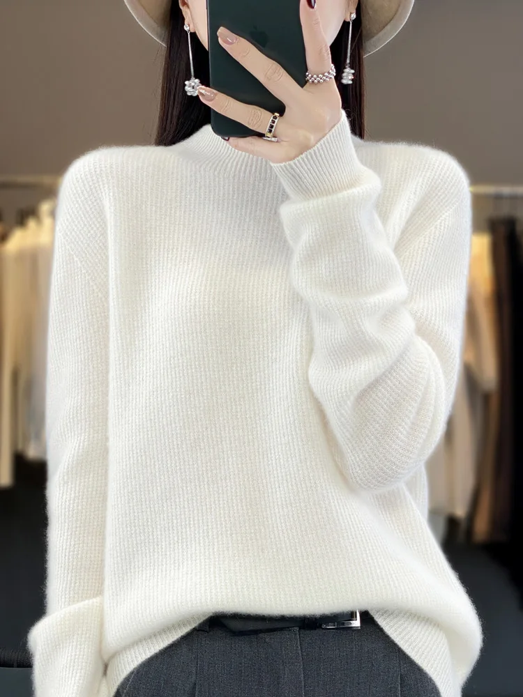 

One-line ready-to-wear semi-turtleneck 100% pure cashmere sweater women's pullover long-sleeved sweater knitted loose sweater ba