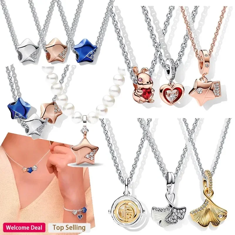 

Popular Women's 925 Silver Original Sparkling Star Lucky Rabbit Set Ginkgo Logo Necklace Light Luxury DIY Charm Jewelry