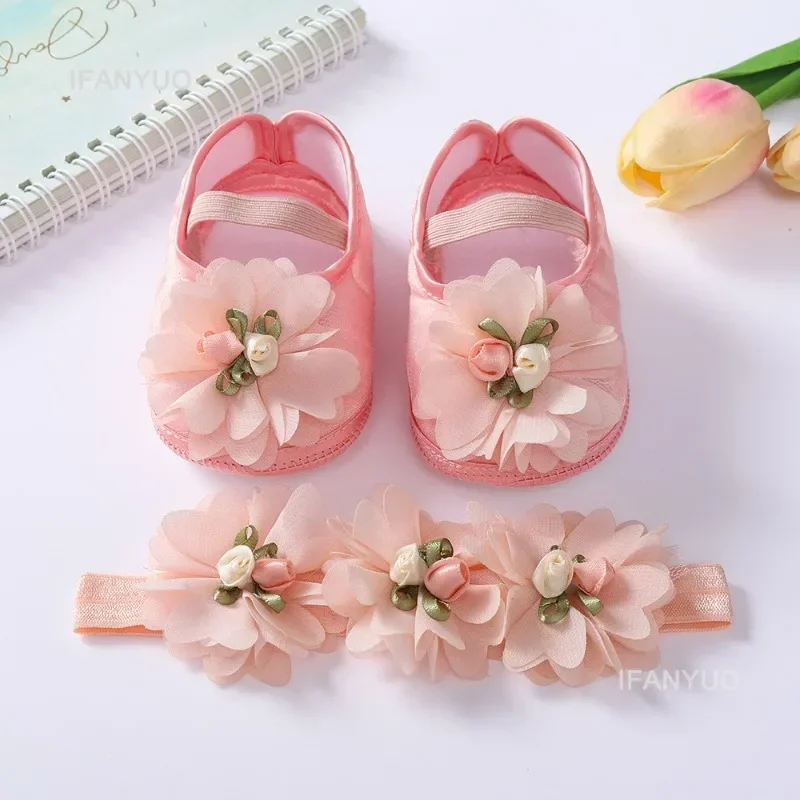Spring Autumn Soft Sole Baby Shoes Hairband Set Baby Shoes 0-1Year Old Newborn Princess Rose Flower Dress Shoes Birthday Gift 3