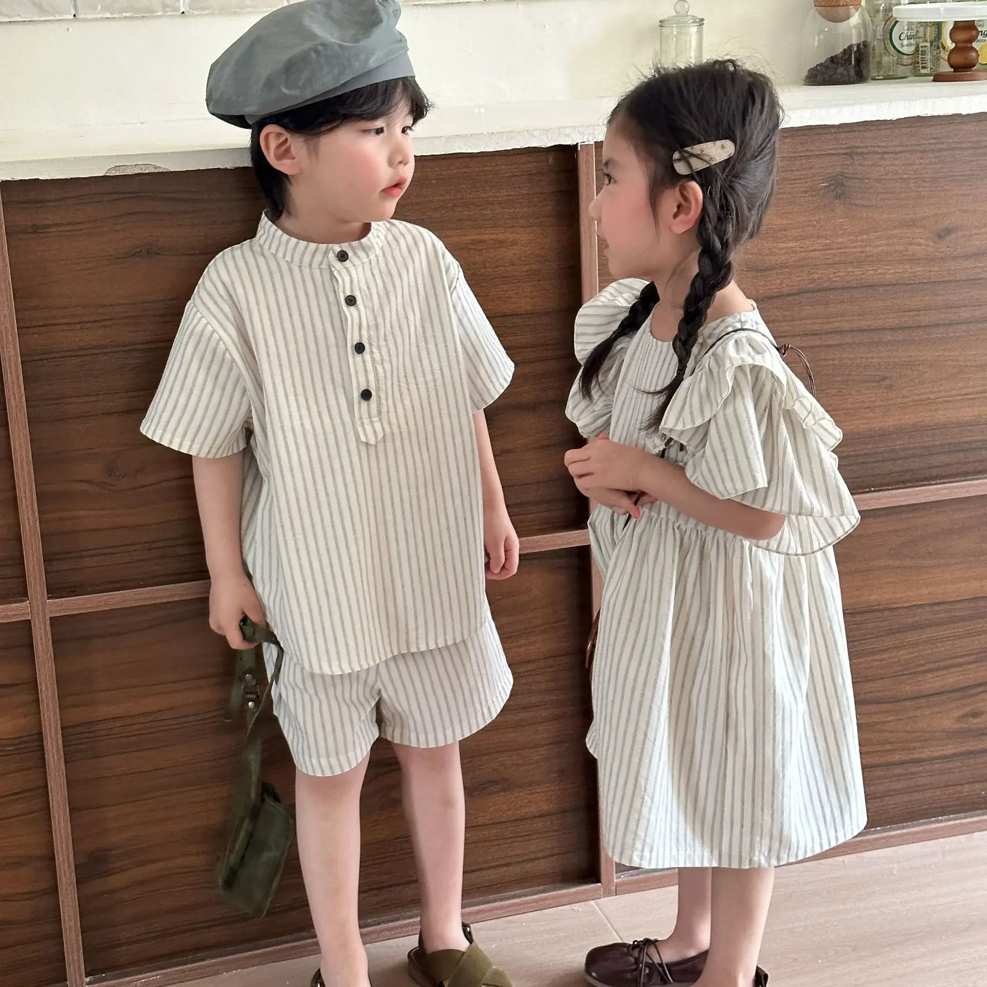 Children's Matching Set Baby Boys 2 Pcs Suit Girls Ruffles Dress Striped Print Kids Clothing Sets Sister Brother Cotton Costumes