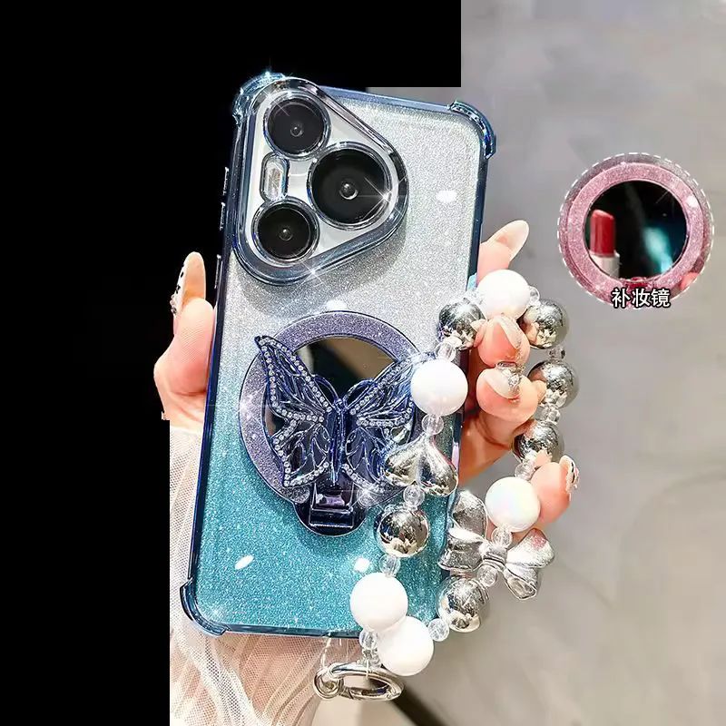 Mirror Shockproof Magnetic Butterfly Phone Case with Holder Bracelet