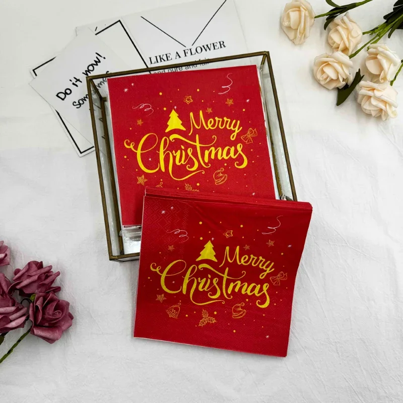 10/20pcs 33cm 2-Ply Gold Letter Red Christmas Napkin Disposable Paper Placemat Party Decoration Ambience Paper