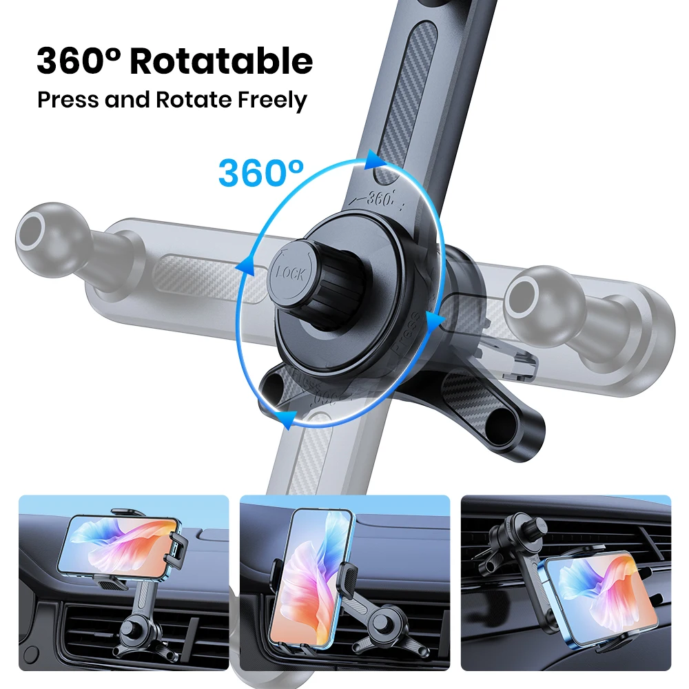 Extended Arm Car Vent Phone Mount Holder,3-Point Support Extendable Metal Hook S