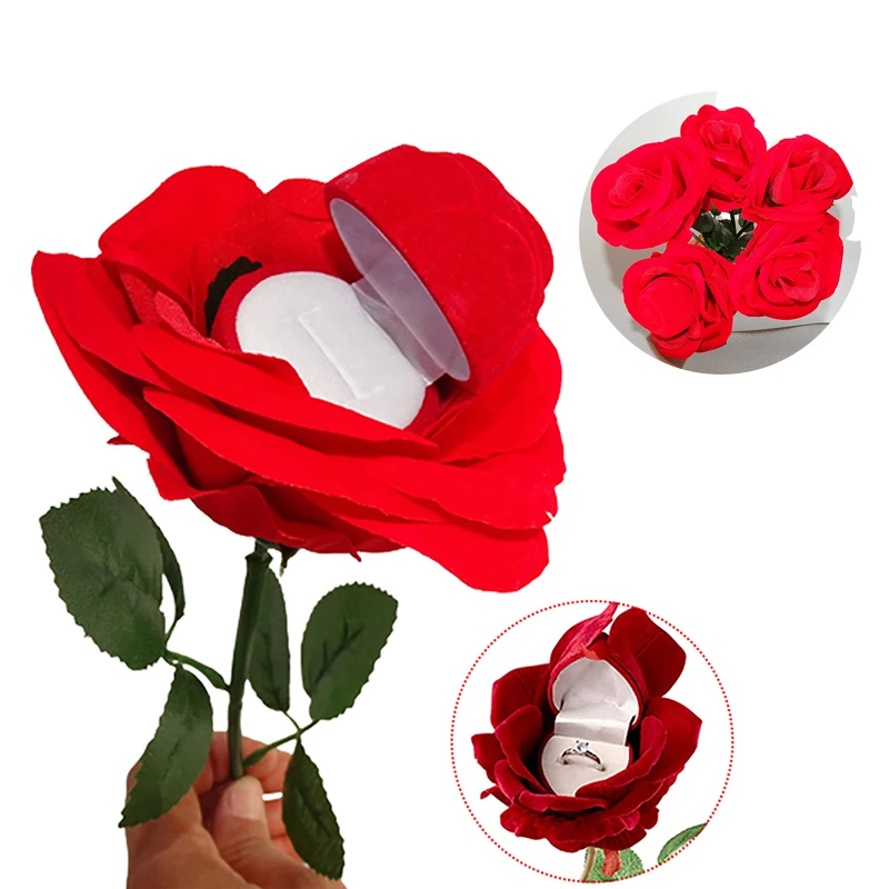 

Red Flocking Rose Shape Ring Box Creative Simulation Flower Gift Display Box Romantic Surprise Proposal Wedding Ring Holder