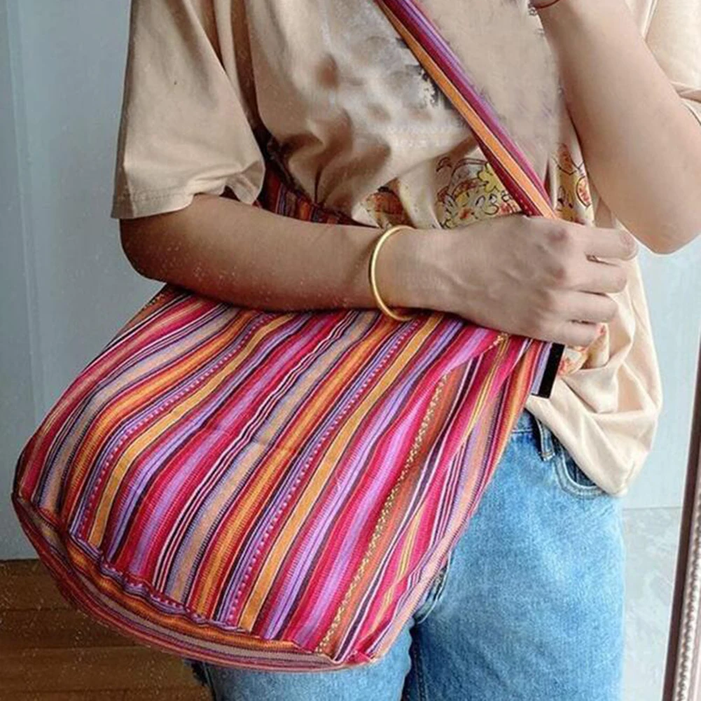 Canvas Striped Fashion Crossbody Bag Women Ethnic Boho Handbag Sling Crossbody Purse for Work Shopping Travel