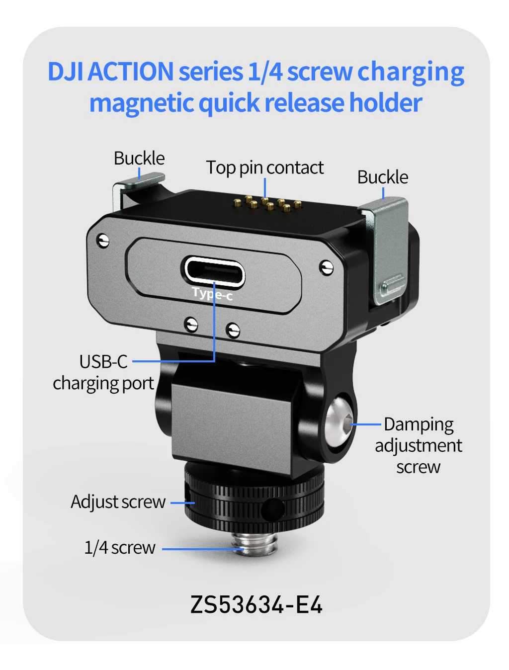 Action 2 Magnetische Ladehalterung Schnellspanner 360 Dämpfung 1/4 Kaltschuh für DJI Action 5 Pro 4 OSMO 360 DSLR-Käfig Kamerahalterung – Detail 7