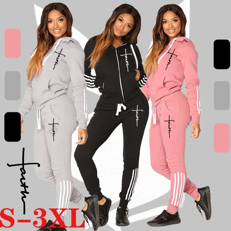 Women Fashion Jesus Printed Hoodies Suits Two Pieces Zipper Sweaters Long Sleeve Casual Sportswear Jogging Suits winter men s sportswear sweatpants two piece printed zipper hooded sweatshirt casual fitness jogging pants suit