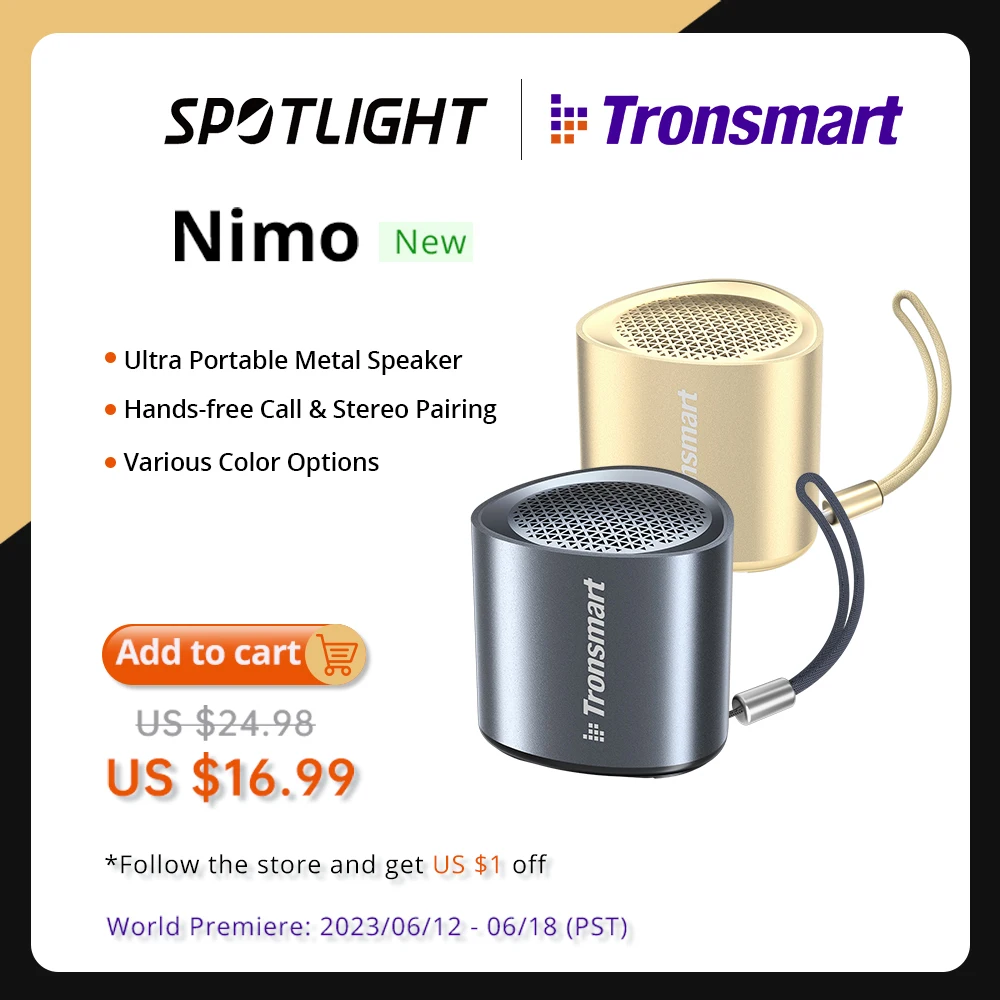  Tronsmart Nimo Speaker Mini Portable Speaker with IPX7 Waterproof, Stereo Pairing, Hands-Free Call, for Travel, Outdoor 