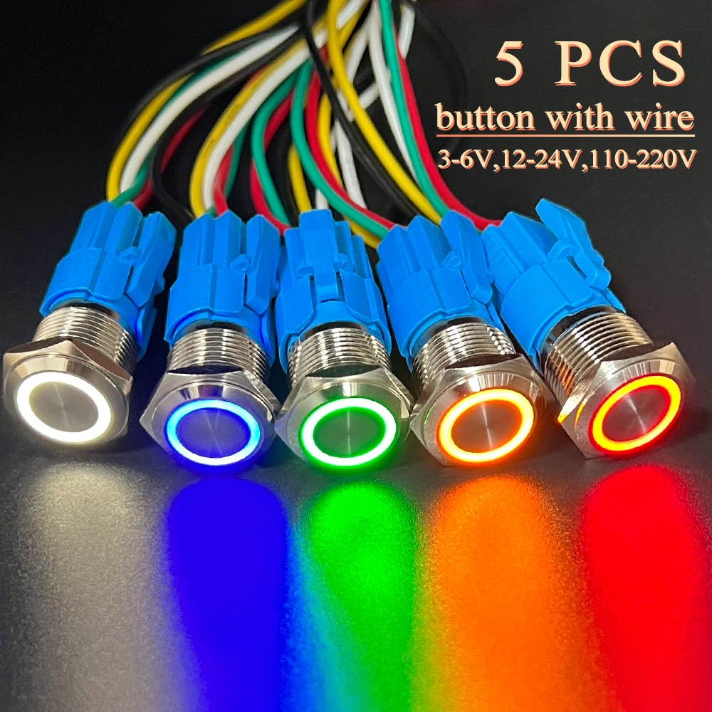 

5 PCS Metal Push Button Switch 12v 16mm 19mm 22mm Ring Lamp Power Symbol Waterproof LED Light Self Lock Momentary Reset 12V