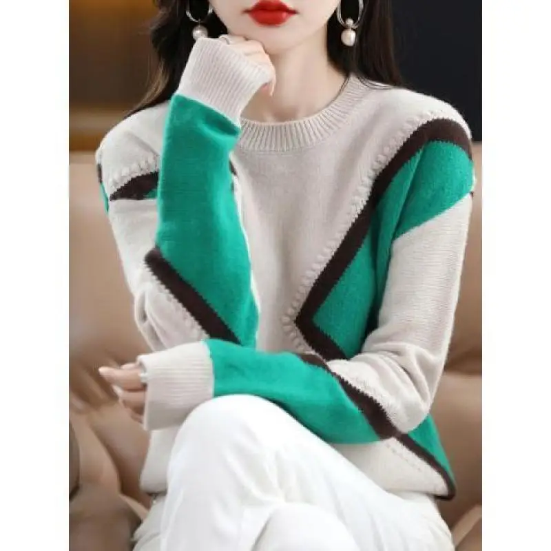 

Autumn Winter New Women's Crew Neck Contrast Color Spliced Casual Versatile Sweaters Fashion Elegant Loose Long Sleeve Tops