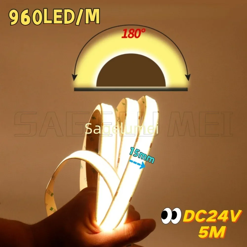 슈퍼 브라이트 DC24V 5M 960LEDs/m COB LED 스트립 라이트 슈퍼 브라이트 3000/4000/6000K 고밀도 유연한 RA90 LED 조명 테이프