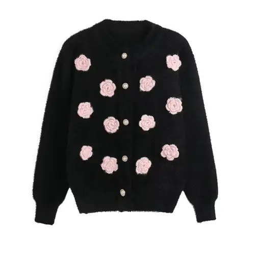 Woman Flowers Knitted Cardigan Female Mink Cashmere Loose Jacket 2025 Autumn Winter Woman Elegant O-neck Knitwear Coat Sweater - Image 5