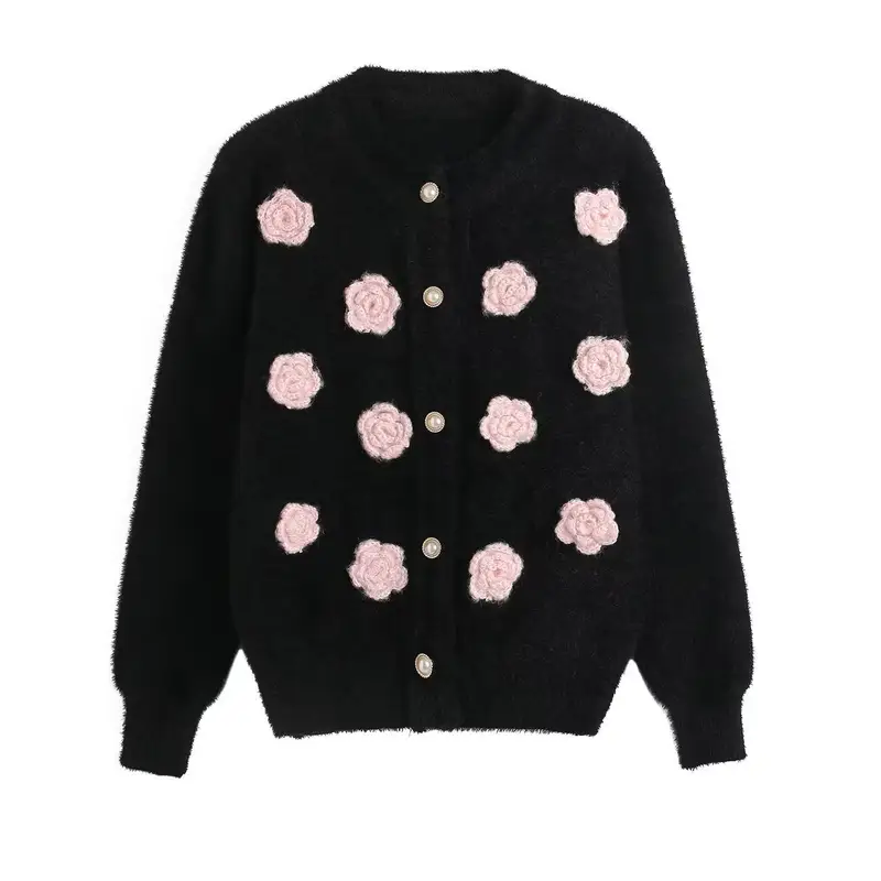 Woman Flowers Knitted Cardigan Female Mink Cashmere Loose Jacket 2025 Autumn Winter Woman Elegant O-neck Knitwear Coat Sweater - Image 5