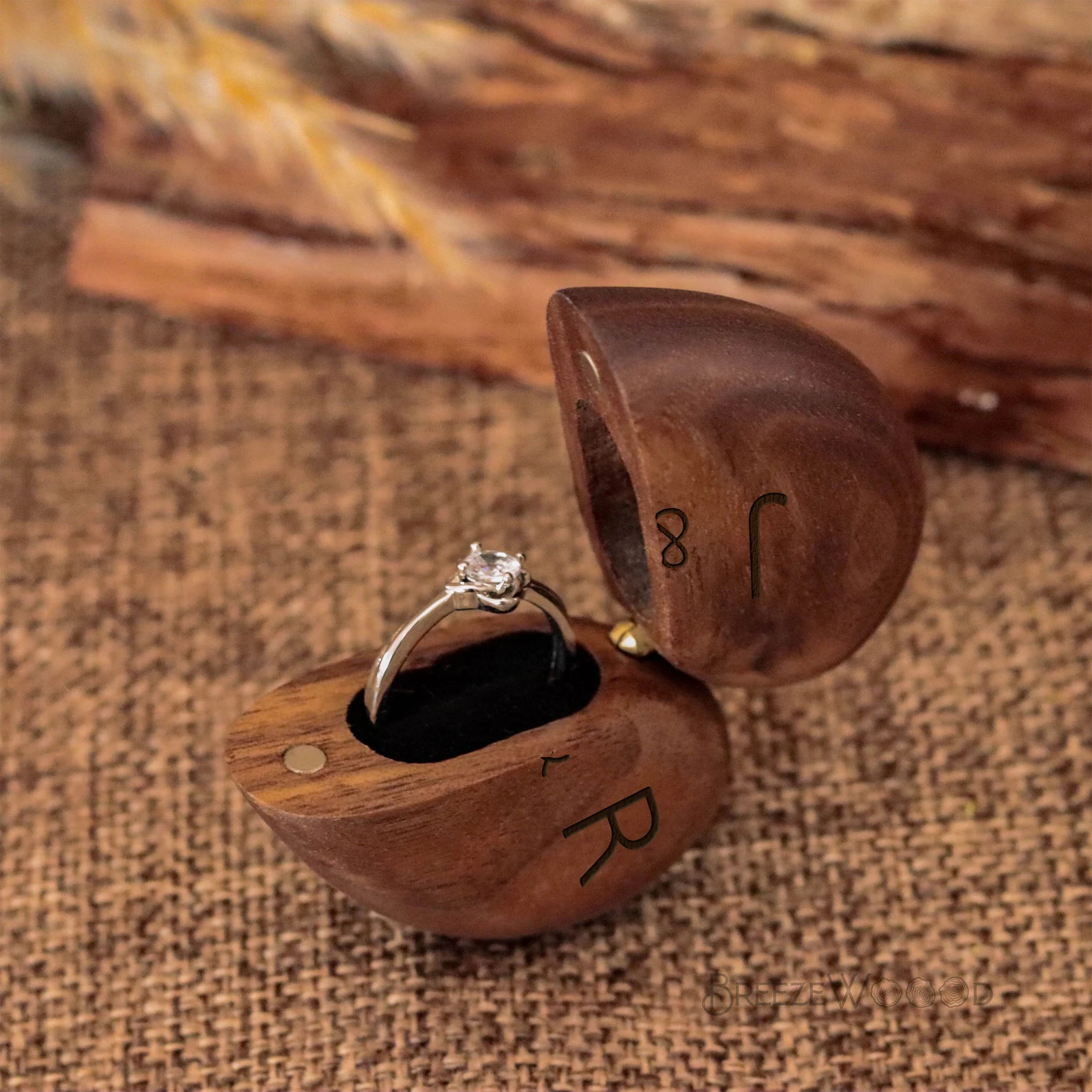 Handmade Heart-Shaped Wooden Ring Box with Velvet Interior and Custom Engraving – Roman... - SKU HWRB1956 - UGI Packaging