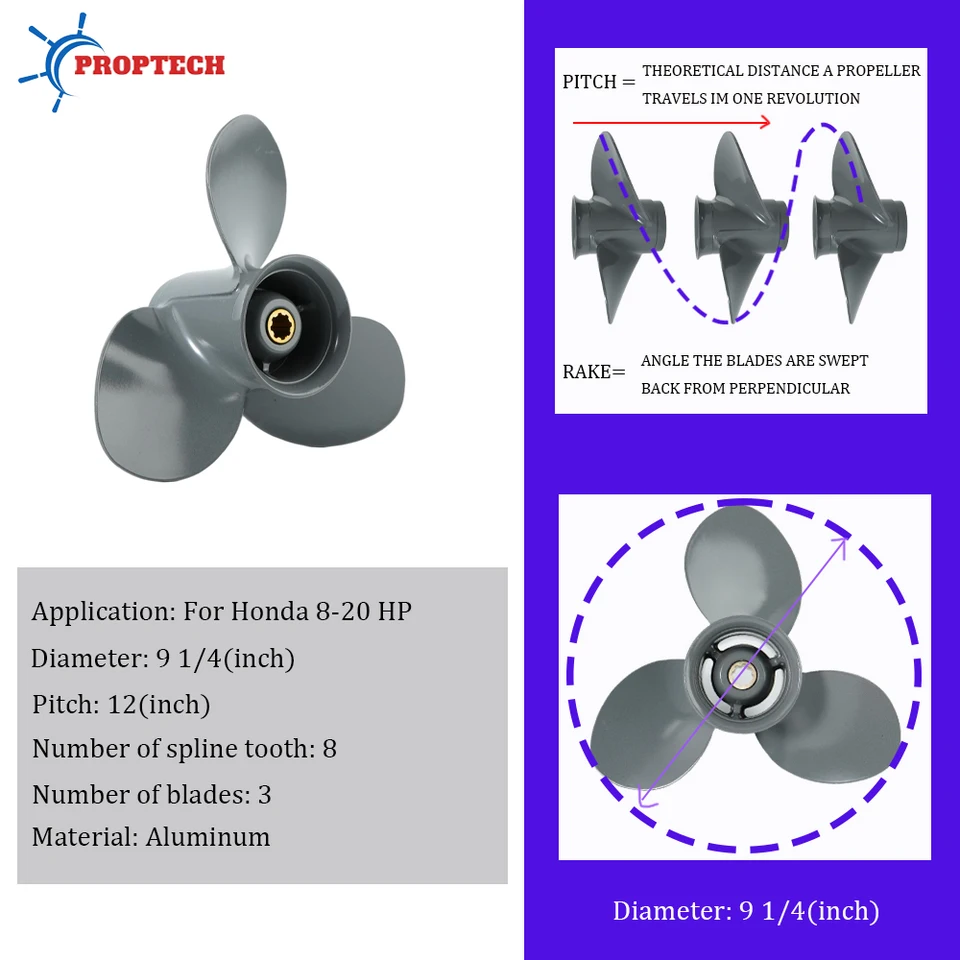 ホンダ用ボートプロペラ、船外機、アルミニウムネジ、8スプライン