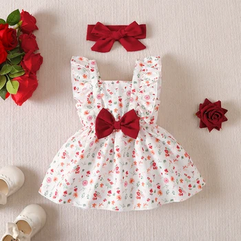 0-24 Months Baby girl Bress with Small floral Ruffle edge sleeveless Dress+Headband 2Pcs/set Cute Baby girl Summer Dress 1