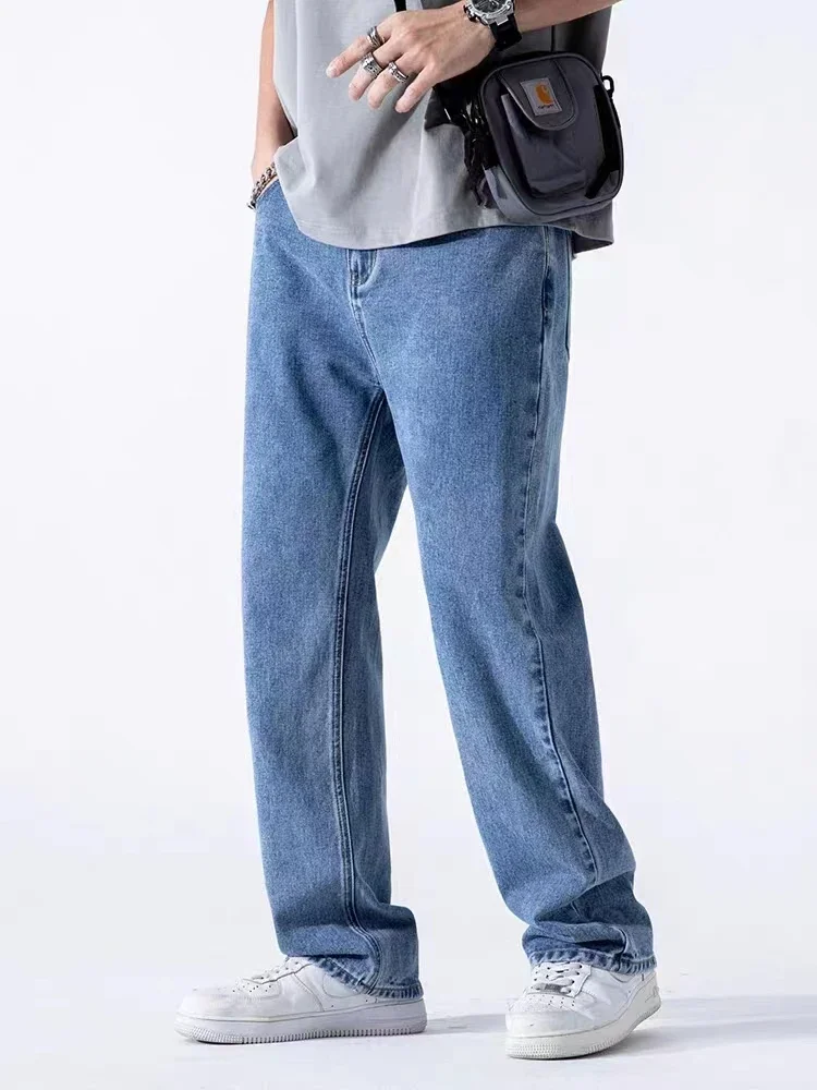 Spring Summer Men's Jeans Straight Denim Pants Elastic Waist Cotton Streetwear Male Wide Baggy Casual Blue Trousers 4