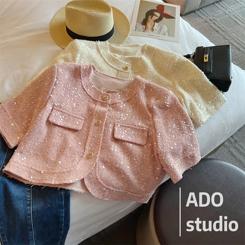 Fashionable Sequined Short-Sleeved Coat Female 2023 Summer New Short French Cardigan Short-Sleeved Top Jackets for Women