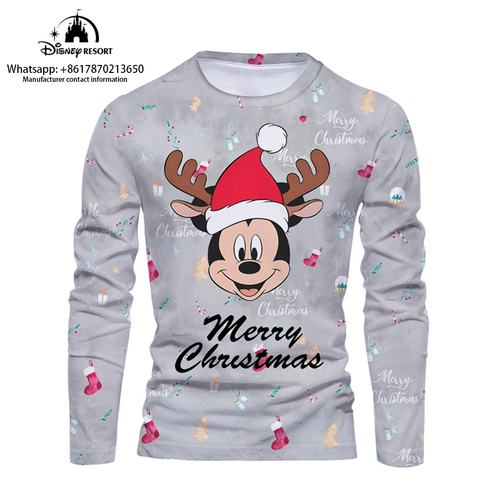 

Christmas New Disney Brand Mickey and Minnie Anime 3D Printing Fashion Casual Trend Men's Round Neck Long Sleeve T-Shirt Y2K