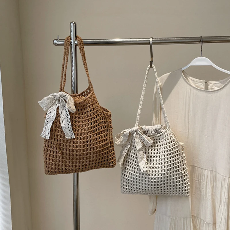 Arrival Hollow Out Lace Bow Shoulder Bags For Women Large Capacity Straw Handbag Totes Vintage Travel Beach Bag Shopping Pack