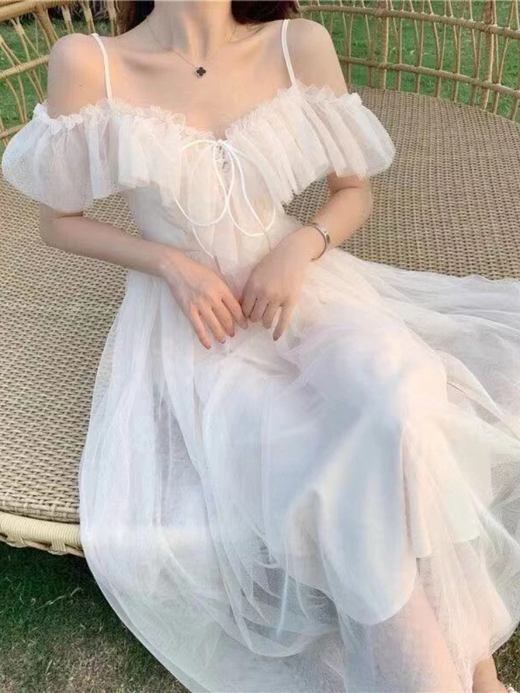 

Sweet Fashion 2023 Summer Beachwaer Off The Shoulder Robe HOUZHOU Sexy Elegant Dress Women Mesh Lace Patchwork Fairy Dresses