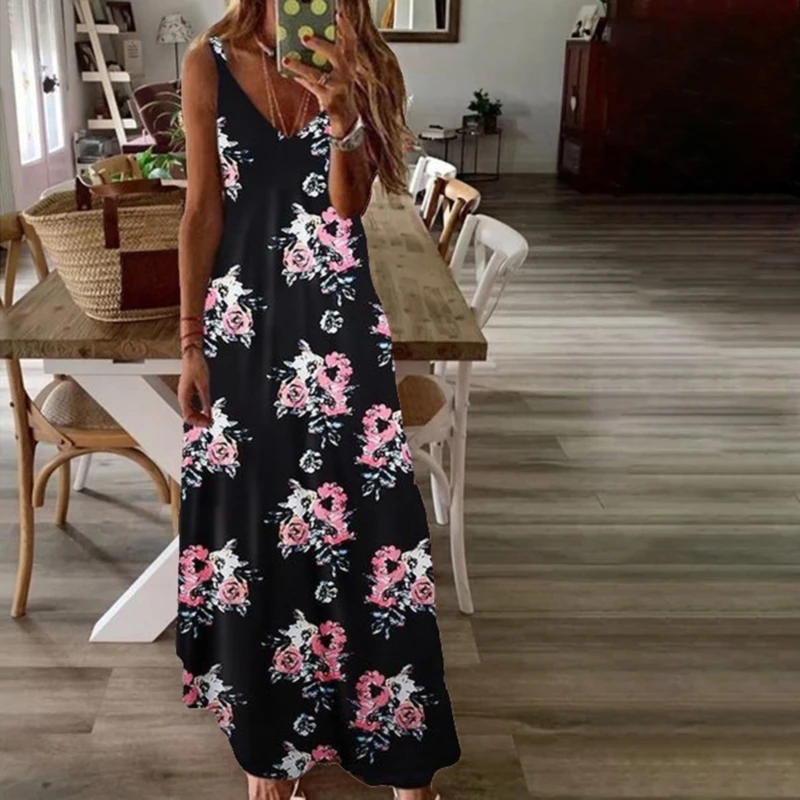 Vestido largo femenino de verano sin mangas con finos, traje Sexy ajustado con estampado de flores, color negro y rojo, talla grande 5XL| Vestidos| - AliExpress