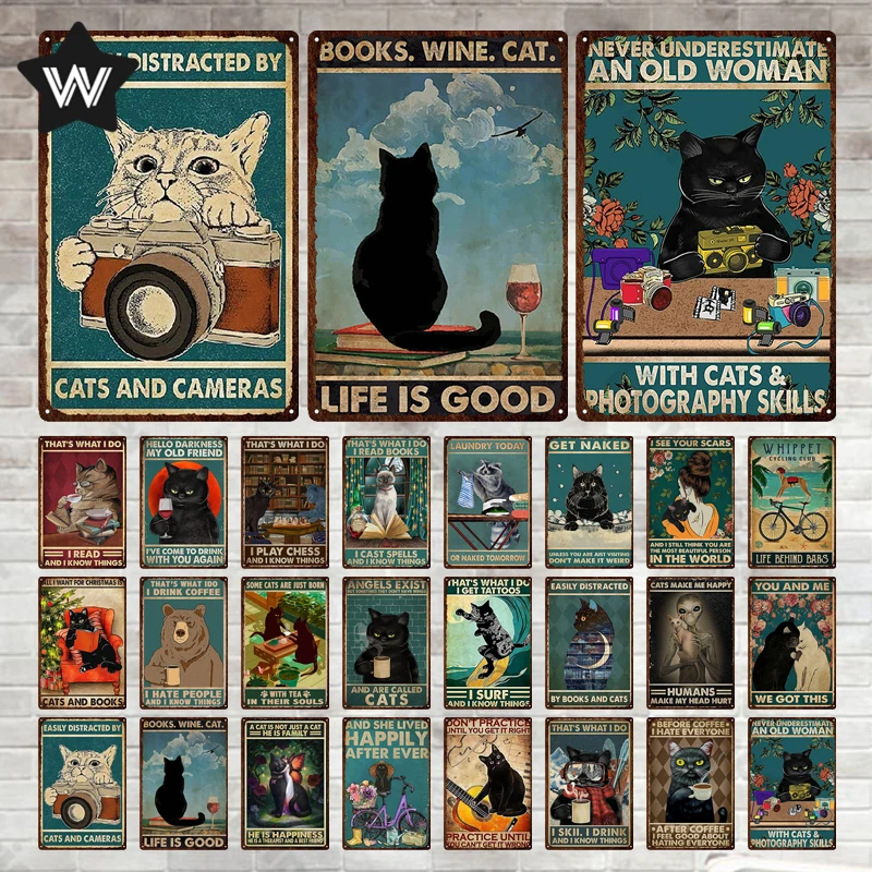 

Vintage Pet Shop Metal Sign Black Cat Tin Plaque Funny Animals Metal Wall Sticker Tin Plate Metal Poster for Man Cave Club Decor