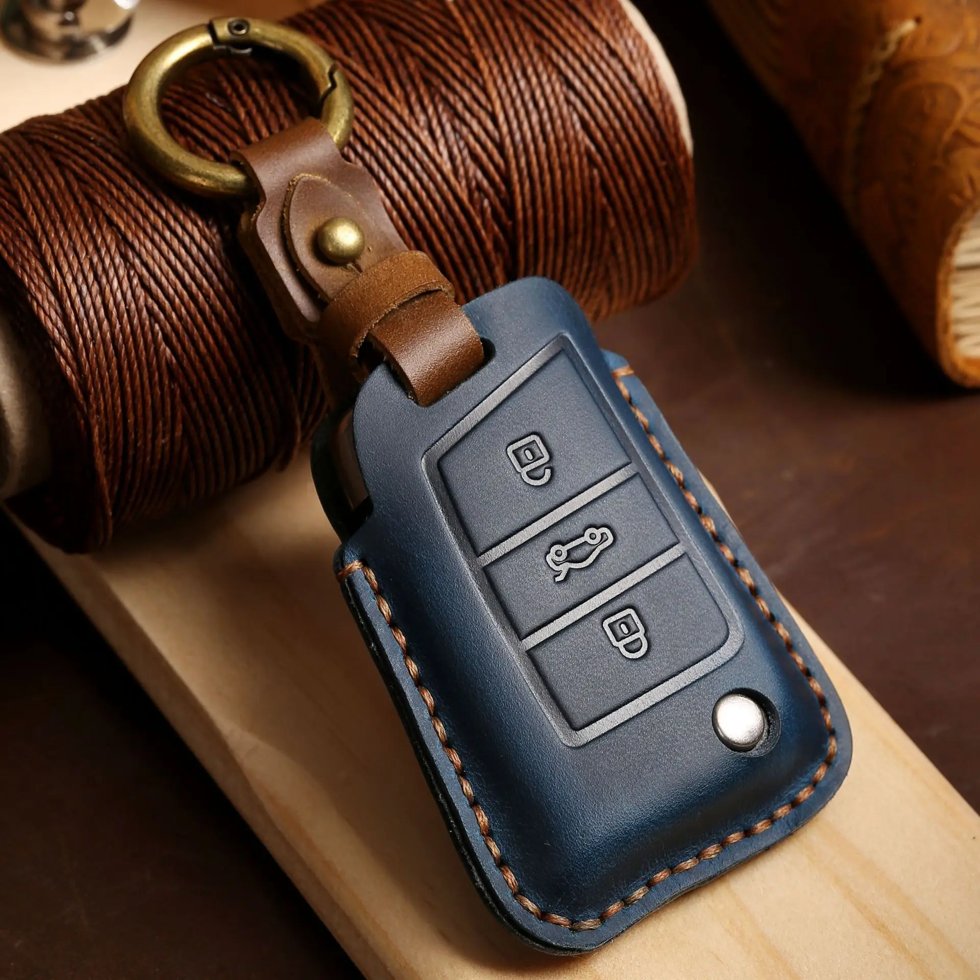 Leather Car Key Case Cover Fob Pouch Keyring for Volkswagen