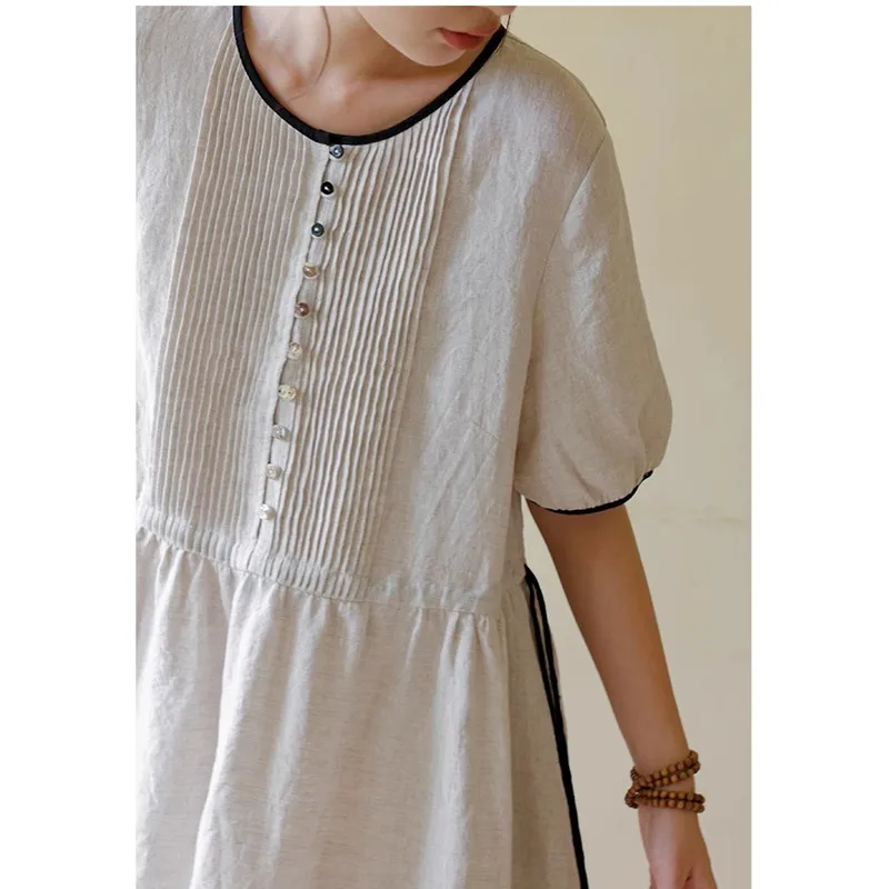 Women's Linen Dress, Round Neck, Slightly Wrinkled Casual Dress, Irregular  Half Sleeve, Contrast Color Dress, Pullover Pleated D - AliExpress 200000345