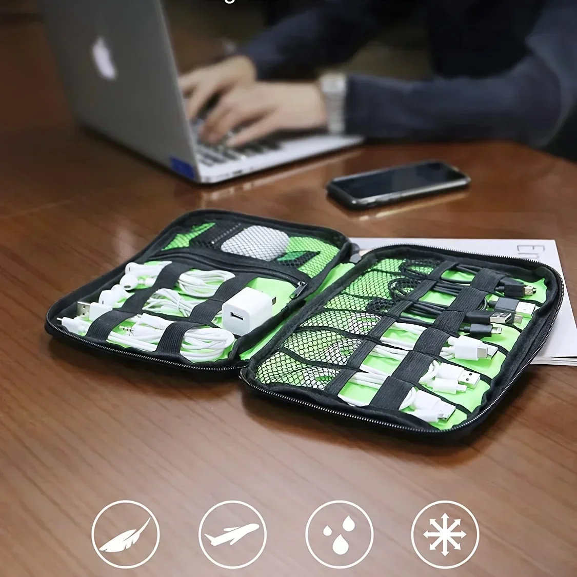 1pc Black Green Storage Bag Electronic Accessory Organizer Portable Usb Data Cable Charger Plug Travel Waterproof Organizer